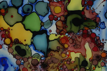 Abstract background of acrylic paint in blue, red and yellow colors.の素材