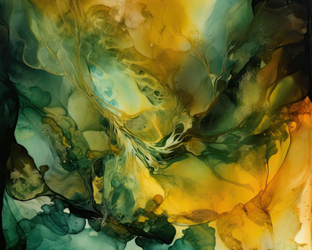 Abstract background of acrylic paint in green, yellow and blue tones.の素材