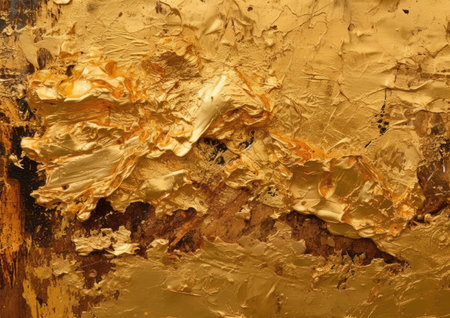 Gold abstract background or texture. Oil painting on canvas. Fragment of artwork.の素材