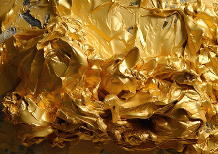 golden crumpled paper as background, closeup of photoの素材