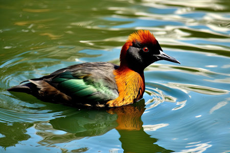 Close up of a red-necked teardrop swimming in a lakeの素材