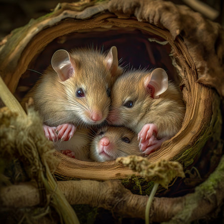 Cute little Dormouse family in a nest. Selective focus.の素材