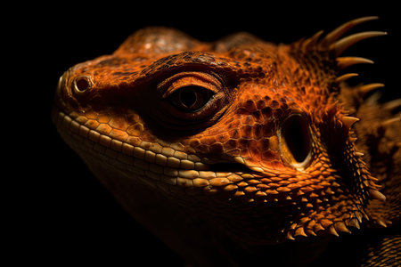 Close up of a bearded dragon on a black background. Studio shot.の素材