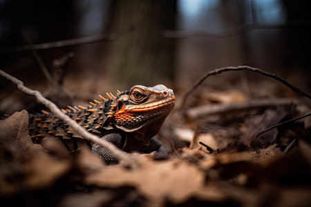 Bearded Dragon, Pogona vitticeps, in the forestの素材