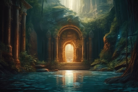 3D rendering of a fantasy portal with an entrance to the forestの素材