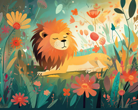 Lion in the meadow with flowers, illustration of a cartoon style.の素材