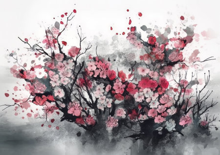 Watercolor painting of blossom sakura tree. Hand drawn illustration.の素材