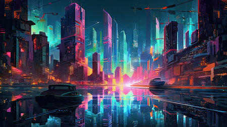 Futuristic city at night. 3d rendering, digital illustration.の素材