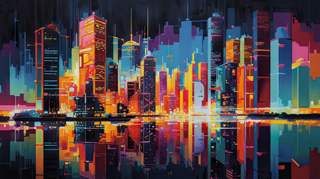 Futuristic cityscape with skyscrapers and reflection in waterの素材