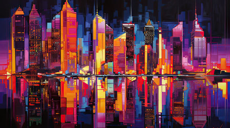 illustration of a night city with skyscrapers and reflection in waterの素材