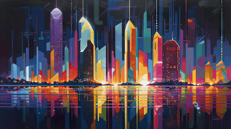Cityscape with skyscrapers and reflection in the water, illustrationの素材