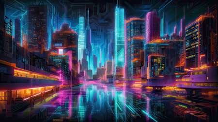 Generative ai futuristic city with neon lights, computer digital drawing.の素材