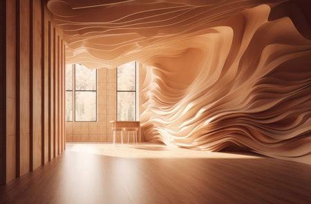 3d rendering of an empty room with a wooden floor and a large windowの素材