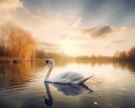 Beautiful white swan swimming on the lake at sunset. Nature composition.の素材