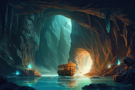 Fantasy landscape with boat in the cave. 3D illustration.の素材