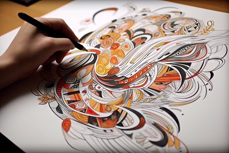 Hand drawing a colorful pattern on white paper. Close-up.の素材