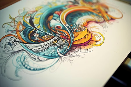 Tattoo art on paper close-up. Colorful drawing on paperの素材