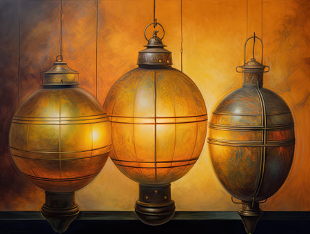 Vintage Arabic lanterns on a wooden shelf against a grunge backgroundの素材