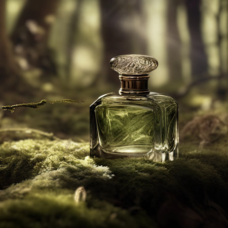 Perfume bottle on green moss in the forest. Selective focus.の素材