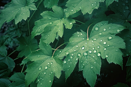 Green leaves with drops of water after the rain. Toned.の素材