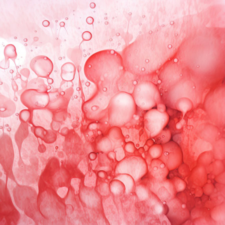 Abstract red watercolor background with bubbles. Close-up shot.の素材