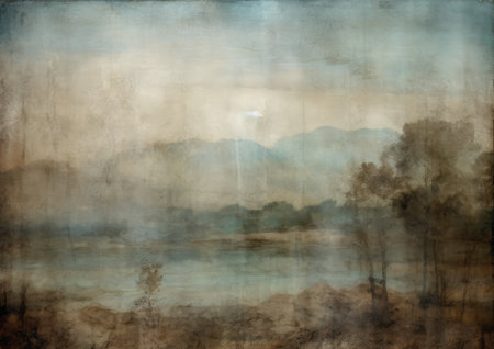 grunge image of landscape with lake and trees in the morningの素材