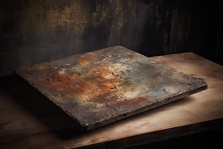 Old wooden table in a dark room. Dark background. Toned.の素材
