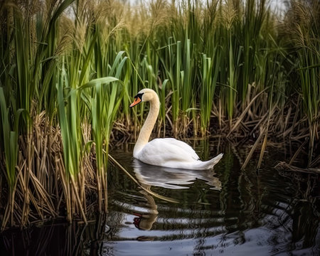 Swan swimming in a lake with reeds in the background.の素材