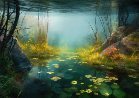 Fantasy lake with water lilies and algae. Digital painting.の素材