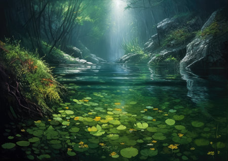 Beautiful waterfall in the forest with water lilies and green leavesの素材