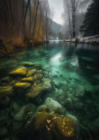 Foggy autumn landscape in Plitvice Lakes National Park, Croatiaの素材