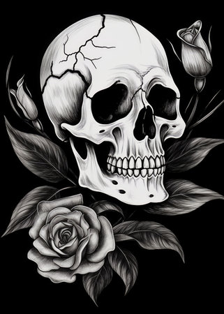 Skull with roses and leaves. Black and white vector illustration.の素材