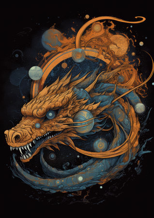Dragon head on grunge background. Fantasy illustration for your design.の素材