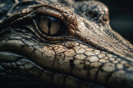 Close up of the eye of a crocodile on a dark background.の素材