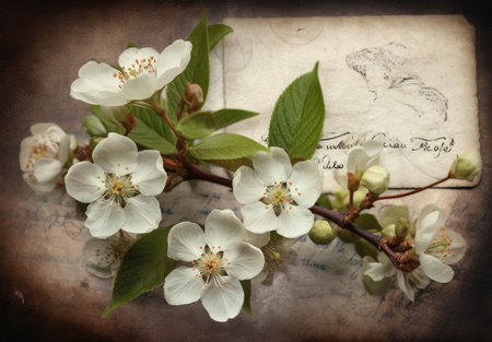 cherry blossom on old paper background with copy space for textの素材