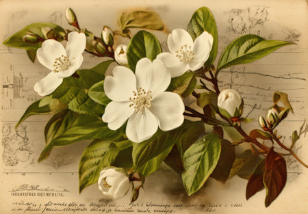 blossoming branch of jasmine on the old paper backgroundの素材