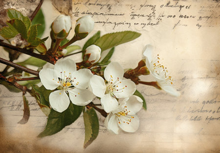 cherry blossom on old paper background with handwritten text, retro styleの素材