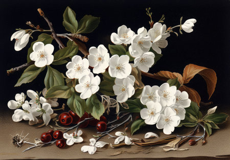 Still life with a branch of cherry blossoms on a black backgroundの素材