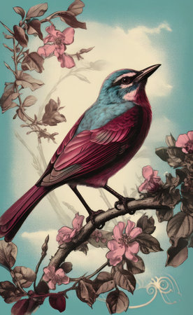 Bird on a branch of blooming apple tree. Hand drawn illustration.の素材