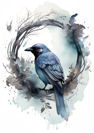 Watercolor illustration of a blue bird sitting on a branch with leaves and branches.の素材