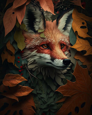 Red fox in the forest with autumn leaves. Digital painting illustration.の素材