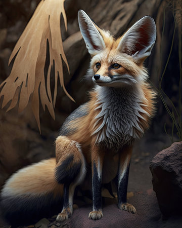 Red fox sitting on a rock in the forest. 3d renderingの素材