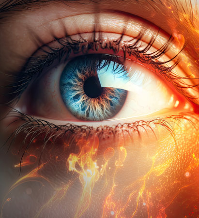 Close up of human blue eye with fire effect. 3D renderingの素材