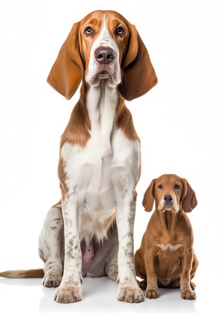 Two Basset Fauve de Bretagne looking at the camera isolated on white background. Studio shot.の素材