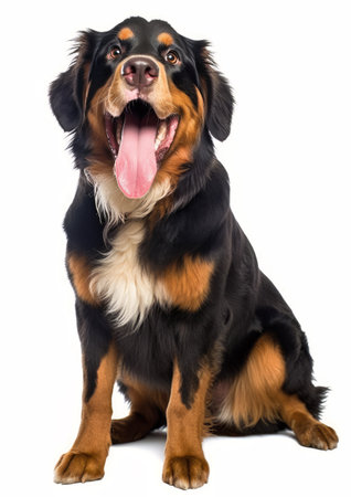 Bernese Mountain Dog sitting and panting, isolated on white backgroundの素材