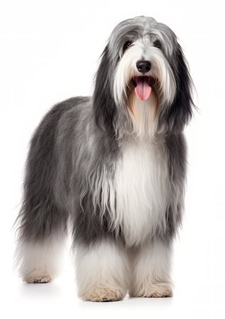 portrait of a bearded collie in front of white backgroundの素材