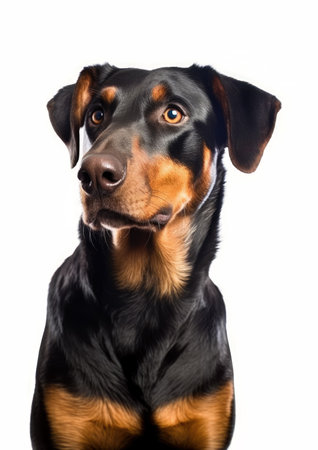 Portrait of a purebred Beauceron dog isolated on a white background.の素材