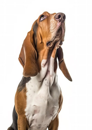 Studio shot of an adorable Basset Hound puppy standing on white background.の素材
