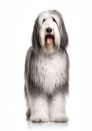 Studio shot of a Bearded collie standing on white background.の素材