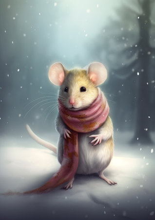 mouse in a winter forest with a scarf on his neck. Christmas cardの素材